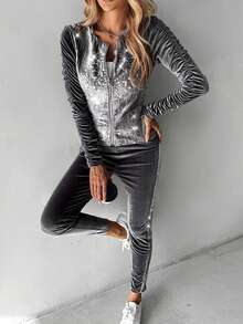 ChicMe Sammetsset med två delar – Damjacka med kontrasterande paljetter, rynkad dragkedja och byxor med resår i midjan - Grå - Visa 5