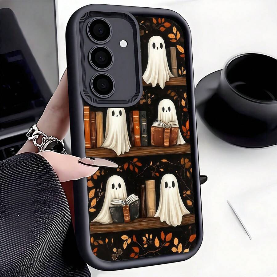 1pc Halloween Ghost, Leaf Pattern Shockproof Phone Case, Thick Anti-Slip Protective Cover Compatible With IPhone 17/17 Air/17 Pro/17 Pro Max, Compatible With Honor, Compatible With Redmi, Compatible With Galaxy, - Black - View 1