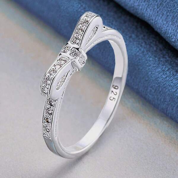 Anillos de plata de ley 925 chapados en plata con lazo de cristal de circonita simple para mujeres talla 6/7/8/9/10, accesorios de joyería de lujo para fiestas, bodas y regalos de moda