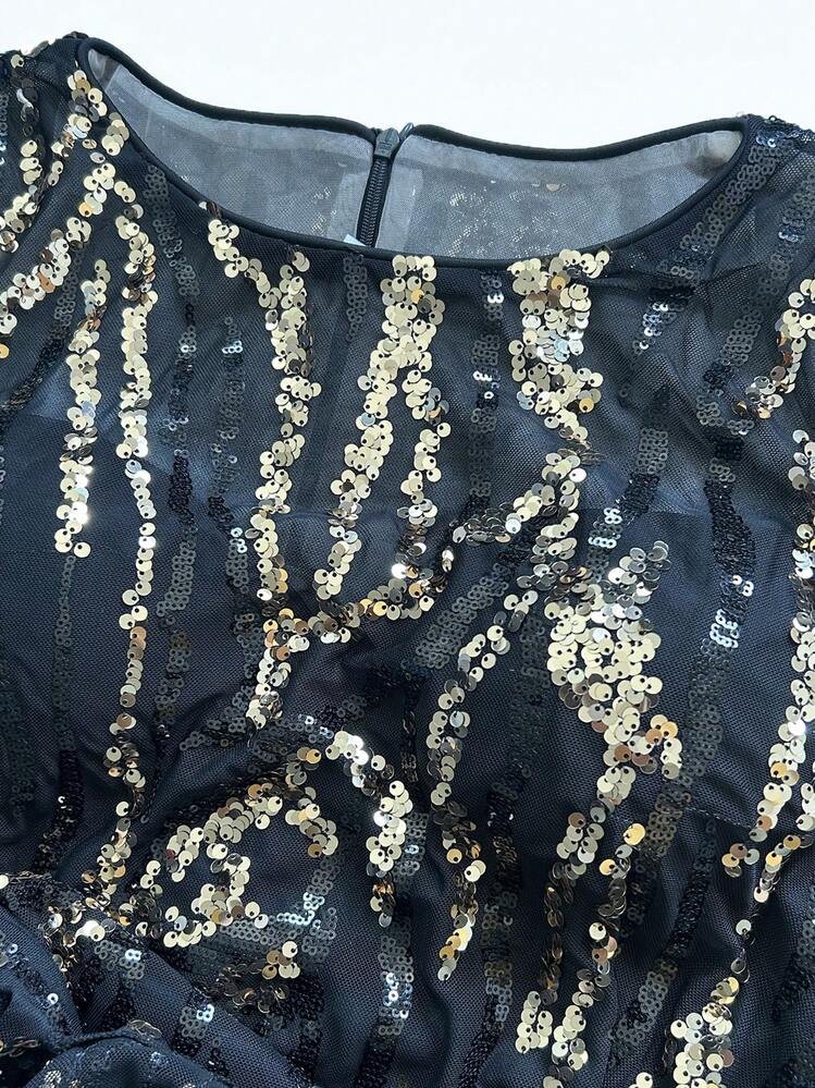 Romagic Round Neck Black & Gold Sequin Elegant Long Evening Gown, Formal  Ball Dress | SHEIN USA