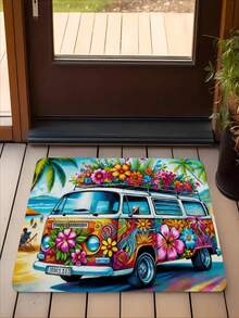 1pc New Summer Camping Van Theme Doormat, Suitable For Living Room, Bedroom, Indoor - Machine Washable - Flannel Material, Delicate Wrap, Skin-Friendly, No Pilling, Water-Resistant Easy Care, Odorless - Ideal For Home Decor, Room Decor, Living Room Carpet, Bedroom Carpet, Bathroom Carpet, Kitchen Carpet, Area Rug, Hotel Decor - Area Rug, All Season Use.