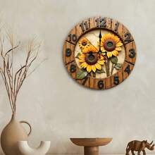 1PC 0x10in Country Sunflower Wooden Wall Clock - Silent Non-Ticking Quartz Movement, Vivid Yellow Sunflower And Green Leaf Design, Natural Wood Surface Treatment, Battery Operated (AA Batteries Not Included) - Perfect For Living Room, Bedroom, Kitchen Decoration - 棕色 - 查看 6