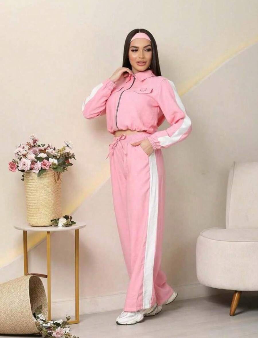 Women's Two-Tone Business Aerolook Elegant Comfortable Travel Chic Striped Set - 淺粉色 - 查看 1