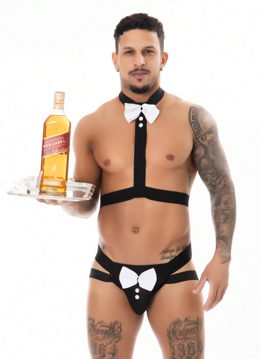 GogoBoy Men's Sexy Waiter Bartender Costume | Underwear With Bow Tie And Erotic Suspender (Bottle Not Included) - màu đen - Xem 1