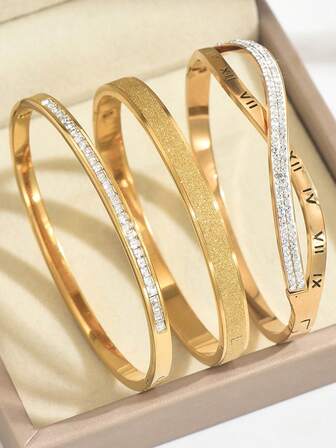 Set de 3 brățări din oțel inoxidabil auriu, încrustate cu zirconiu, galvanizate în vid, nu se decolorează ușor, brățară elegantă și la modă pentru femei, potrivită pentru purtare zilnică, set de brățări din oțel inoxidabil de înaltă calitate, europene și americane, brățară superbă, bijuterii din oțel inoxidabil