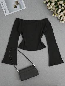 时尚休闲 Y2K 女式十字印花露肩喇叭袖上衣 - 黑色 - 查看 2