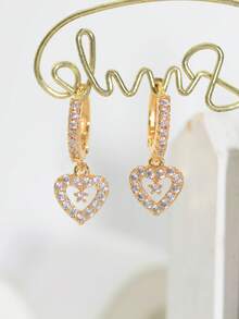 1 Pair Elegant 18K Zirconia Gold Plated Snowflake Heart Earrings, Suitable For Women's Daily, Festival, Party, Travel Wear And Christmas Gift