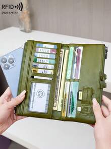 MIYIN RFID Blocking Large Capacity Bifold Women's Wallet, Vintage Zipper Soft Leather Material, Multiple Card Slots & Clear ID Window, Can Hold Credit Cards/ID/Cash/Phone, Quilted Detail Design, Can Be Used As Card Case/Clutch, Suitable For Women's Business & Casual Occasions, Also Suitable For Men, Long Wallet - Green - View 2