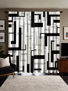 2 件抽象黑白几何方形数码印花窗帘，半透明窗帘，用于保护卧室和客厅的隐私 - 彩色 - 查看 5