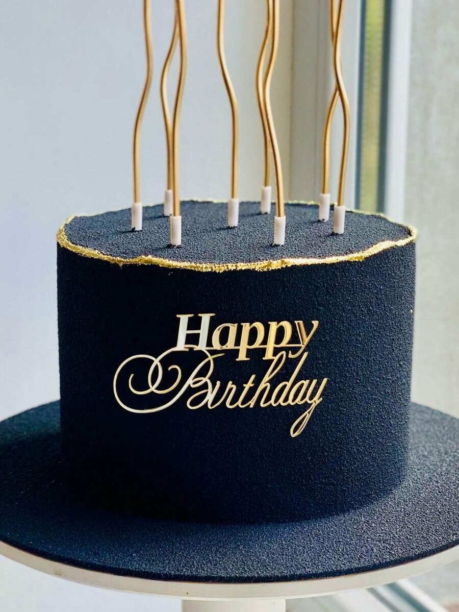 1个金色生日蛋糕装饰插牌,印有“生日快乐”字样,适用于室内/室外生日派对、周年纪念、庆祝活动,可重复使用的“生日快乐”装饰,生日派对装饰! - 金色 - 查看 1