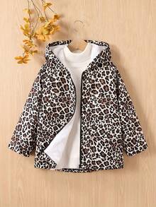 Tween Girls' Warm Leopard Print Thermal Lined Hooded Zipper Jacket For Outdoor, Winter