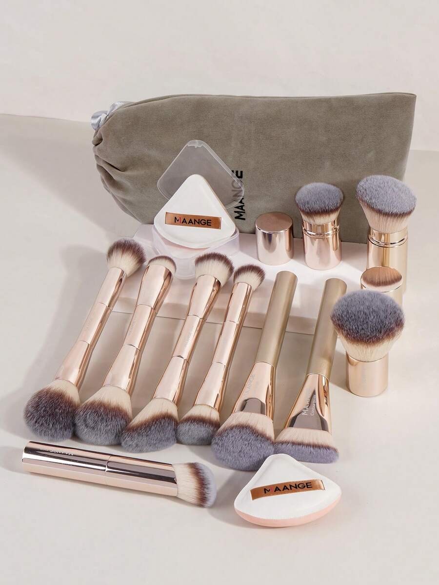 MAANGE 13件套专业铝制化妆刷套装，包含10支化妆刷、1个收纳袋和2个化妆海绵，例如粉底刷、腮红刷、散粉刷、修容刷、高光刷、遮瑕刷、鼻影刷和晕染刷。化妆工具采用柔软亲肤的纤维制成，方便旅行携带。化妆刷套装，送给女性和女孩的理想礼物。