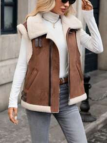 Women's Solid Color Suede Vest With Pockets And Lapel Collar, Autumn/Winter - Coffee Brown - View 4