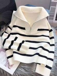 Suéter de rayas con solapa, moda simple y versátil, diseño de costuras en contraste en blanco y negro, suéter tipo pulóver de otoño e invierno