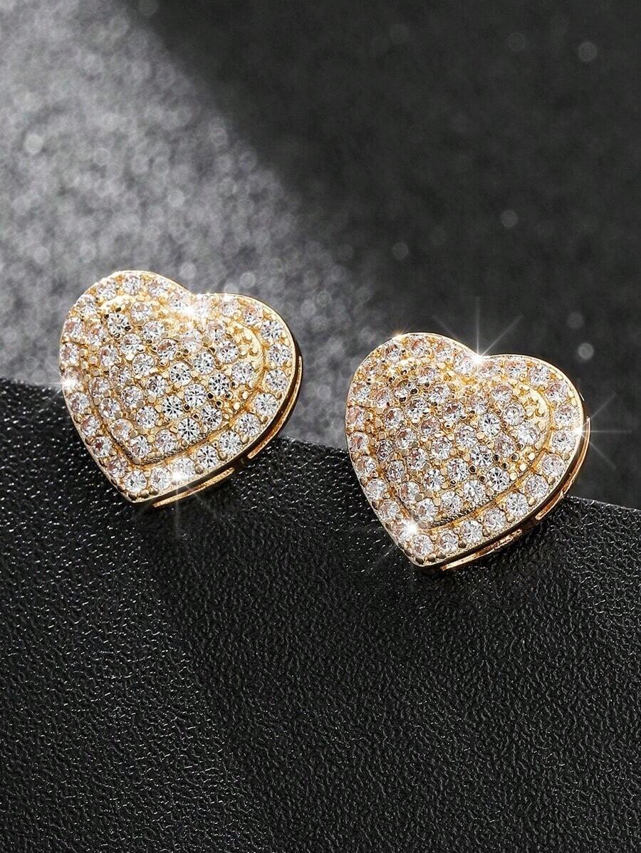 Cubic Zirconia Heart Decor Stud Earrings For Women For Party Banquet Wedding - 銀 - 查看 1