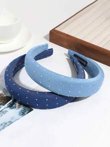 3/1pc Fashion Denim Rhinestone Fabric Headband, Minimalist Wide-Brim Headwear Suitable For Daily Commute And Work