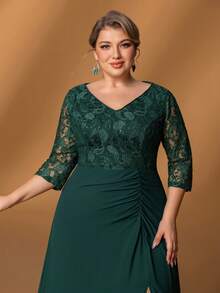 Faeriesty Mosy ​Plus Size Mother Of The Bride Dress: Elegant V-Neck, 7/8 Sleeve & Lace Bodice, Flattering Thigh Slit, Ruched Mermaid Skirt - Perfect For Formal Weddings, Gala Dinners, Black-Tie Events, Grand Celebrations​