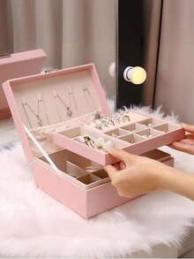 1pc Dual Layer Large Capacity Jewelry Box, Minimalist Leather Jewelry Storage Box, Portable Solid Color Rectangular Jewelry Organizer, Vanity Jewelry Box With Drawer, PU Leather Travel Jewelry Box, Convenient For Travel, Dual Layer Storage Box, Large Capacity For Earrings, Necklaces, Bracelets