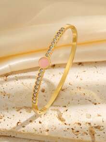 1 pieza Brazalete clásico de acero inoxidable bellamente brillante con disco incrustado de circonita sintética de colores, para uso diario de hombres, mujeres y parejas, ideal como regalo de vacaciones