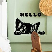 ملصق حائط قابل للإزالة بشكل قطة سوداء كرتونية مكتوب عليها "مرحبا"، مناسب لديكور غرفة النوم وغرفة المعيشة وديكور الحائط المنزلي