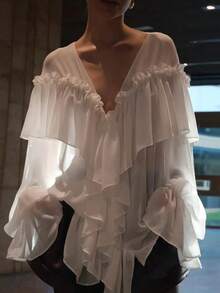 Women's Long Sleeved Shirt, Solid Color Pleated V-Neck Chiffon Shirt, Spring Loose Casual Top Street Wear, Suitable For Outdoor Travel, New Year's, Christmas, Valentine's Day Gifts, Classic Elegance,  , Autumn And Winter Clothing - Ivory - View 1