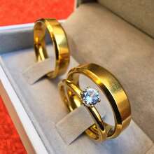 Pair Of 6mm Beveled Engagement Wedding Rings + Solitaire Ring COD-106 - Gold - View 2