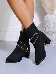 Damen Ankle Boots mit Blockabsatz und spitzer Zehenkappe, High Heel Elastikstiefel, Damen Slip-On Stiefeletten für Herbst/Winter
