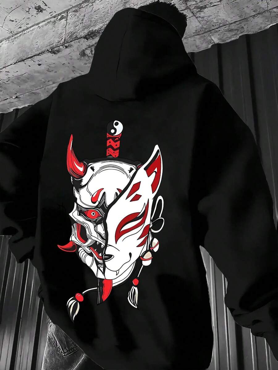 Estilo oscuro de moda | Sudadera con capucha casual para hombres con estampado de doble máscara Ukiyo-e japonés - Negro - Ver 1