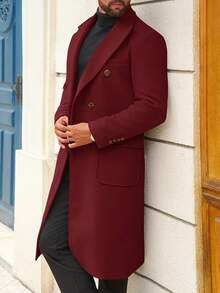Men's Wool Blend Casual Trench Coat Notched Collar Double-Breasted Long Jacket Classic Winter Overcoat For Everyday Wear - Màu Đỏ Sâu - Xem 3