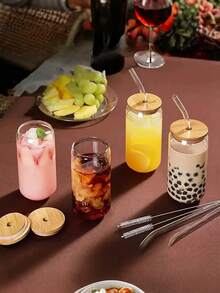 4/6pcs, 500ml/16.8oz Glass Cups, Transparent Glass Coffee Cups, Iced Coffee Cups, With Lids, Straws, Straw Brushes, Reusable, Suitable For Coffee, Milk Tea, Juice, Suitable For Various Scenarios Such As Restaurants, Bars, Commercial Use, Etc - 4個杯子+4個蓋子+4個吸管+4個吸管刷 - 查看 2