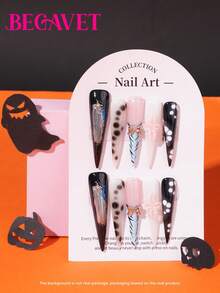 BEGAVET Halloween Nails Collection 10pcs Handmade Salon Quality Nail Art Acrylic Press On Nails Black Nails 3D Carved Flower Super Long Exclusive Design 3D Nails With 3D Charms, Suitable For Parties/Music Festival And Daily Wear