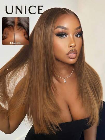 UNice Parrucca dritta a strati con frontale 13x4 pre-tagliato, pre-diradato, con linea naturale dei capelli, in pizzo trasparente, colore biondo caramello, 100% capelli umani, Unice Wigs per donne