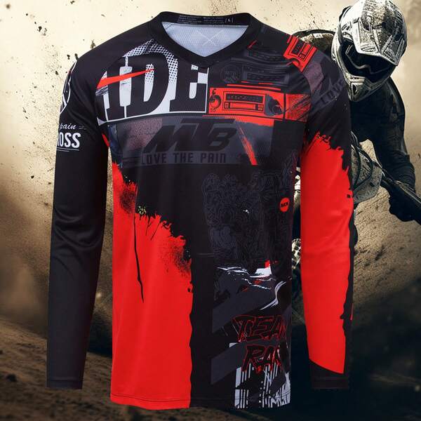 TELEYI Men's Letters Print Cycling Jersey, Active Long Sleeve V Neck Cycling T-Shirt For Biking Riding Sports