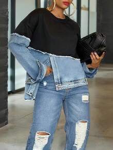 Magic Mia Women's Black Denim Patchwork Sweatshirt - Long Sleeve Crewneck With Raw Edge Hem & Side Slits | Loose Fit Casual Top For Streetwear And Daily Outfits - màu đen - Xem 1