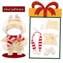 Weihnachtsthematisches Cut Out gestricktes Pullover-Set, kombiniert mit Schal, Kopfhörern, Schuhen, für LABUBU, Halloween, Weihnachten, Feiertage, Geburtstagsgeschenk (ohne Plüschpuppe)