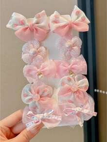 10pcs Cute Floral Bow Hair Clips, Sweet Cartoon Bow Decor Hair Accessories, Real Item Packaging Without Card - Pink - View 5