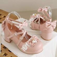 Women Lolita Cosplay Shoes Cross Strap Block Heel Mary Jane Lace Pumps-20256688 - 3粉紅色 - 查看 3