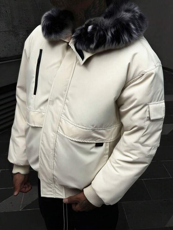 Men's Cream-Colored Padded Coat With Gray Fur Collar, Multi-Pocket Casual Winter Coat