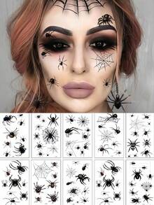 10 fogli di tatuaggi temporanei a forma di ragno, decorazioni per Ognissanti con ragnatela, kit per trucco gotico, decorazioni per feste