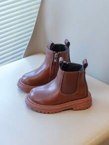 1 双棕色幼儿/小女孩切尔西靴，柔软舒适的弹性针织 + PU 衬里，温暖的拉链设计，圆头，灵活的鞋底，经典英伦风格，适合室内/室外、休闲、学校、秋冬
