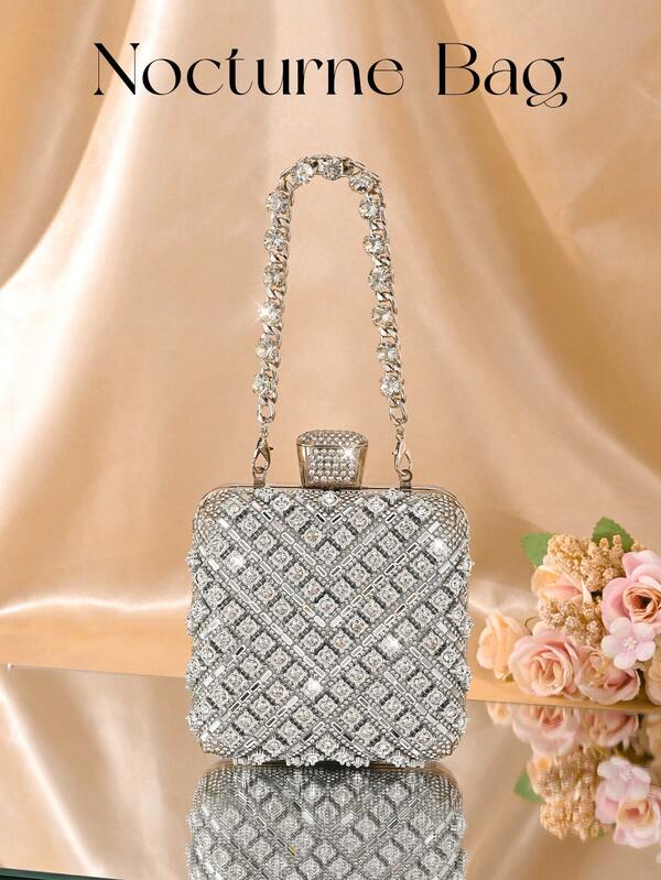 1pc Silver Crystal Decor Women's Evening Bag, Paired With A-Grade Diamond Metal Chain, Shiny Crown Decor Box-Shaped Bag, Perfectly Charming, Bridal Wallet, Suitable For Wedding, Party, Prom, Nightclub, Birthday Gift, Valentine's Day Gift, Gathering, Crossbody Bag, Handbag, Clutch, Cosmetic Bag