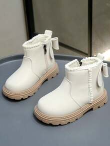 1 Pair Girls' Cute Bow Design Soft Leather Side Zipper Ankle Boots, Comfortable Children Ankle Boots - Beige - View 4