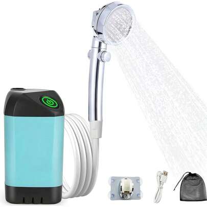 RUBOQE Regadera Portatil, USB Recargable Regadera, Ducha Portable, con Manguera de 2M, Ventosa y Gancho, Bolsa de Almacenamiento, para Camping, Viajes, Senderismo, jardín, Mascotas, etc