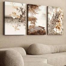 三联帆布墙画套装，现代波西米亚风格湖雾植物帆布画，墙面装饰海报，适用于客厅、卧室、浴室、简约家居办公室，冬季墙面艺术，2D平面设计，完美的房间装饰 - 彩色 - 查看 3