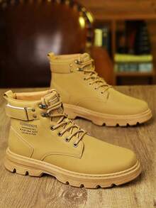 [Special Offer] Men's Faux Leather Lace-Up Work Boots - Buckle Strap Detail & Non-Slip Lug Sole, Comfortable Durable Footwear For Daily Casual, Outdoor & Street Style Wear - 棕色 - 查看 3