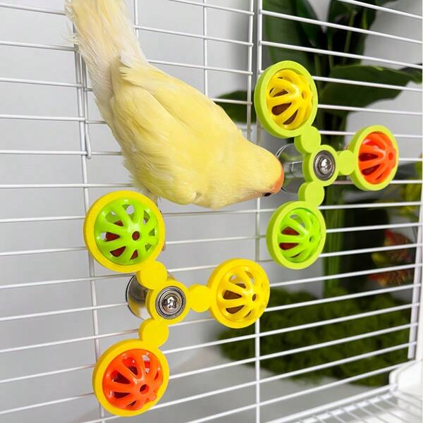 360° Rotating Windmill Bell Chewing Ball Bird Toy, 2 Colors (Green/Orange-Yellow/Red) - Interactive Anti-Chewing Cage Accessory For Parrots, Cockatiel, Lovebirds, With Metal Screws - Relieve Boredom And Intellectual Stimulation