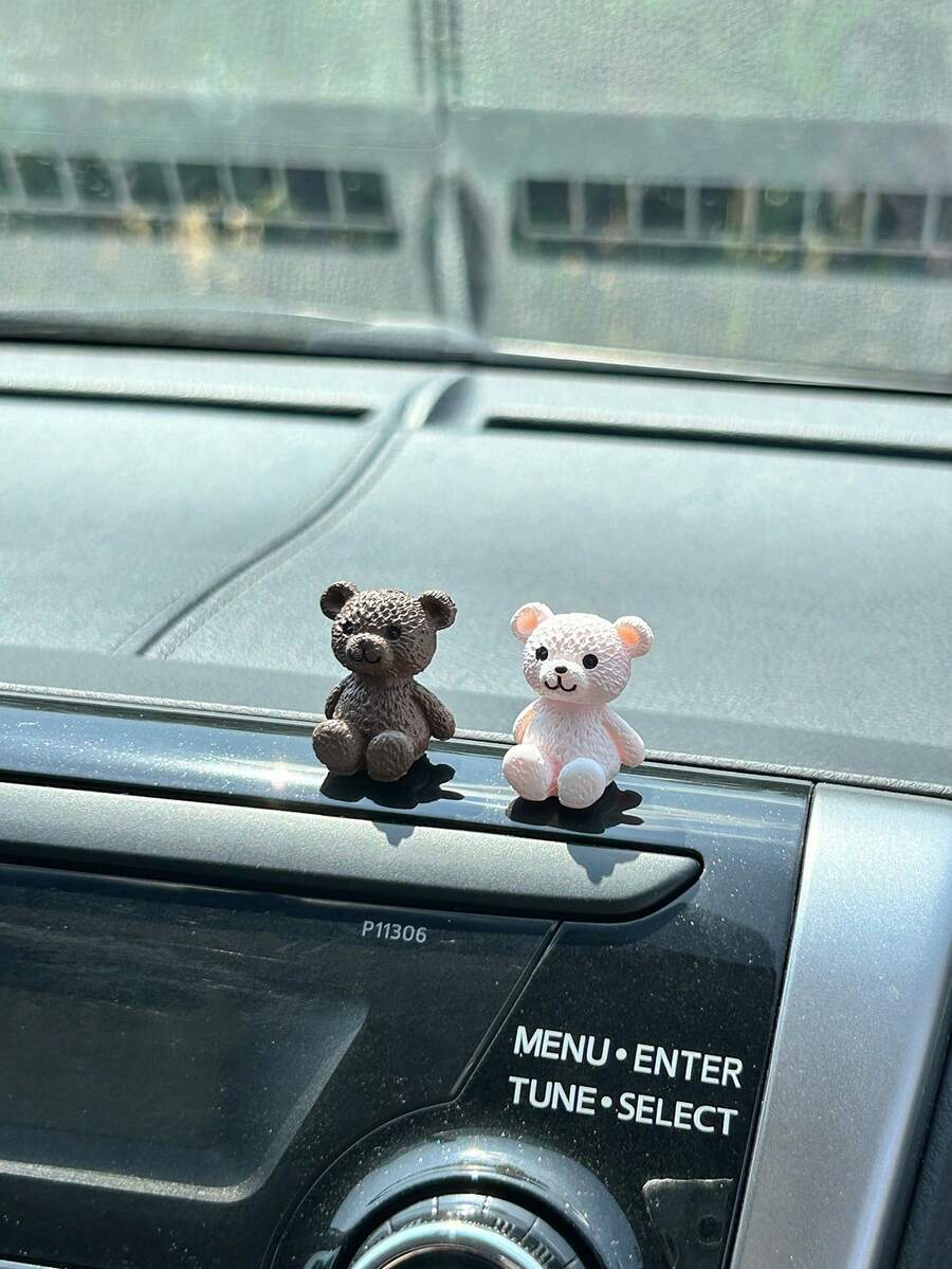 2pcs Small Teddy Bear Car Decor, Cute Cartoon Bear Car Decoration, Resin Ornament Creative Interior Accessories - Multicolor - View 1