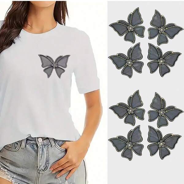 1 pieza Parche de tela no tejida con diamantes de imitación, mariposa, malla de hilo, para ropa, zapatos, bolsos, sombreros y accesorios, sin necesidad de planchar