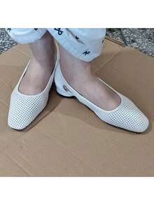 米色方头女式凉鞋，优雅度假平底一脚蹬镂空户外派对鞋 - 米色 - 查看 5