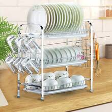 Escurridor de cocina de alta calidad, doble escurridor, tres niveles y tres bandejas. Escurreplatos de acero inoxidable con escurridor para platos, cuencos y tazas. Estante extraíble de 3 niveles.